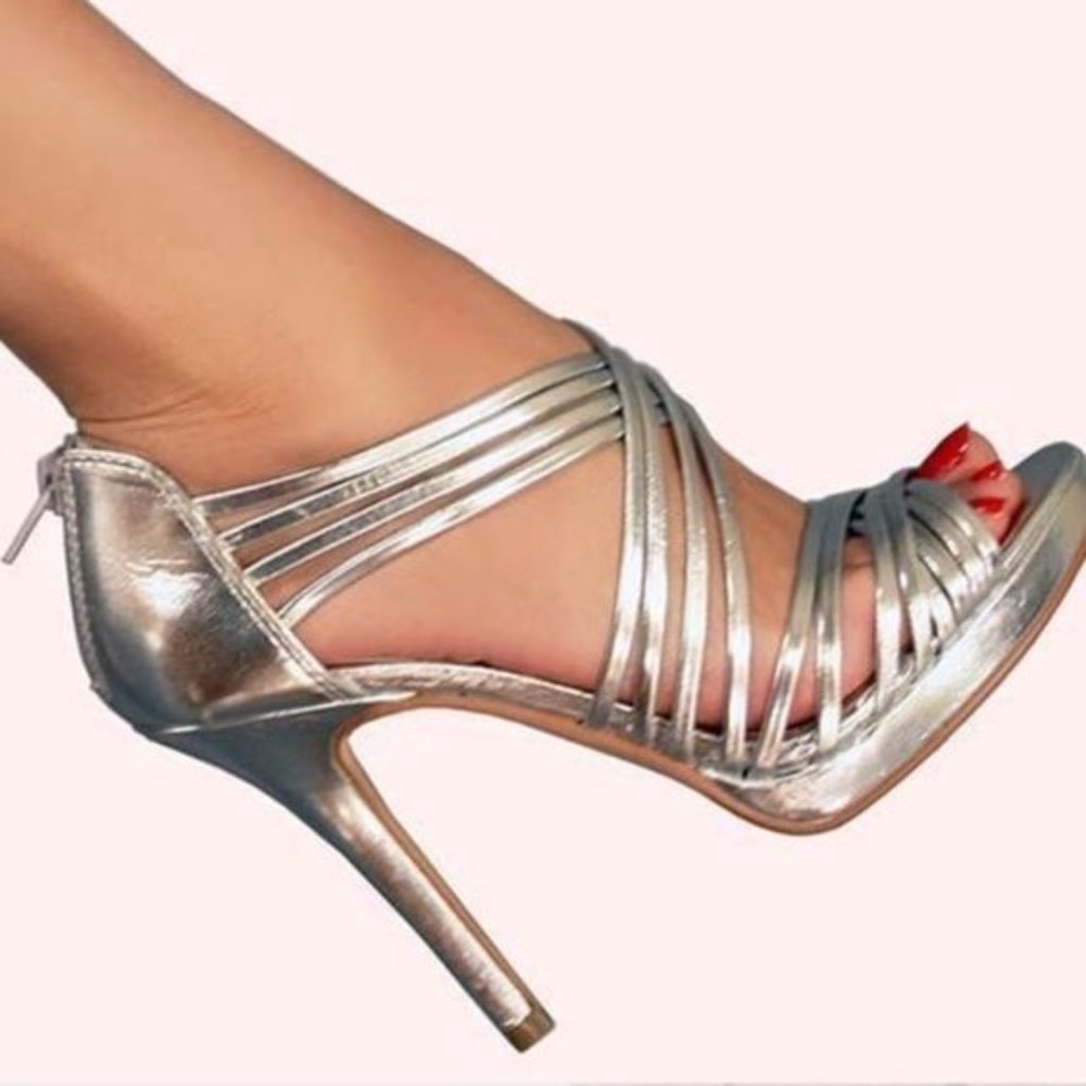 Chinese Laundry Silver Metallic Strappy Heels, Size 7